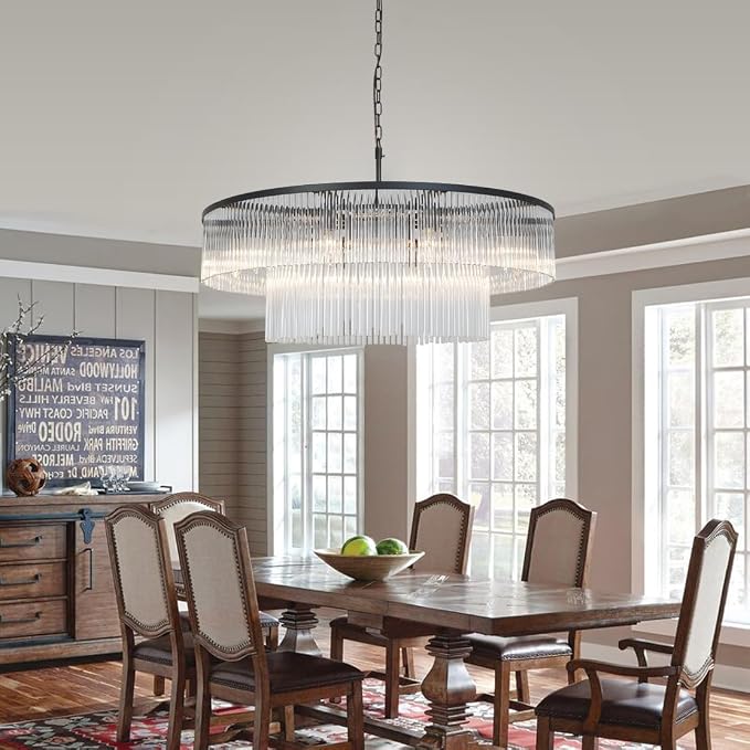 Asooflighting 32-Inch 2-Tier Glass Chandelier, Matte Black