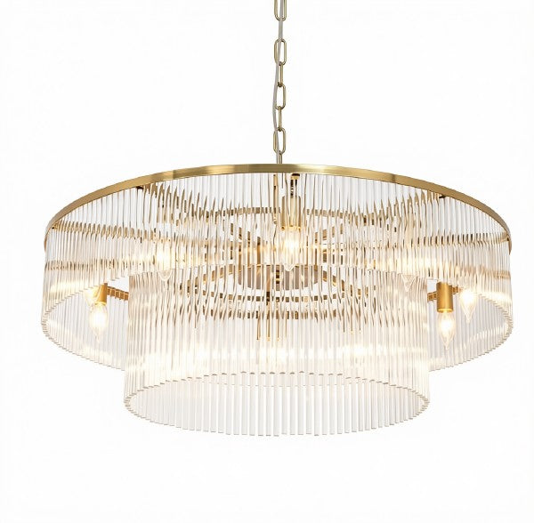 Asooflighting 32-Inch 2-Tier Glass Chandelier, Polished Brass