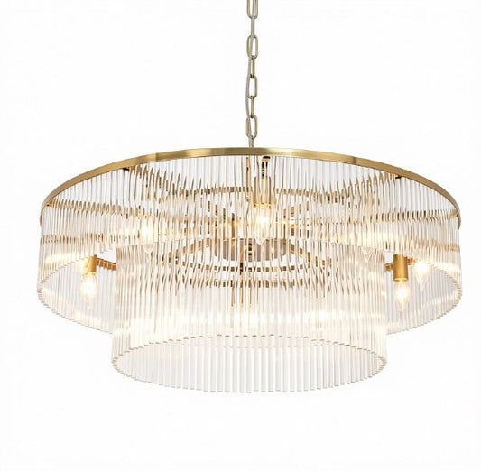 Asooflighting 32-Inch 2-Tier Glass Chandelier, Polished Brass