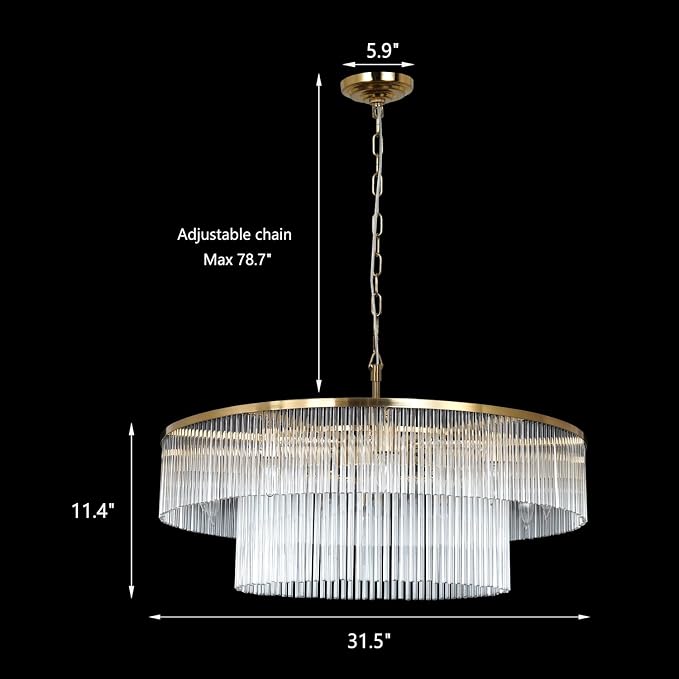 Asooflighting 32-Inch 2-Tier Glass Chandelier, Polished Brass