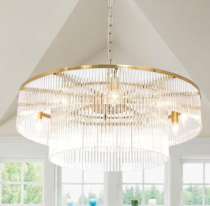 Asooflighting 32-Inch 2-Tier Glass Chandelier, Polished Brass
