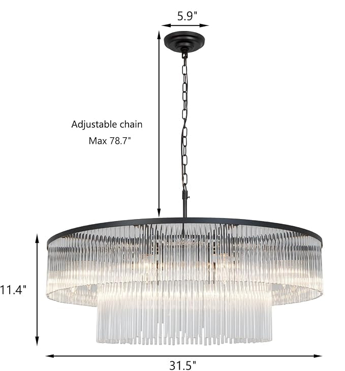 Asooflighting 32-Inch 2-Tier Glass Chandelier, Matte Black