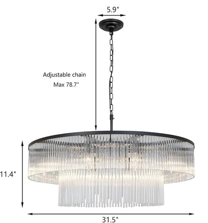 Asooflighting 32-Inch 2-Tier Glass Chandelier, Matte Black