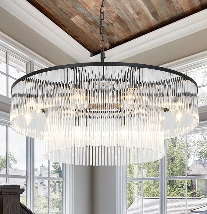 Asooflighting 32-Inch 2-Tier Glass Chandelier, Matte Black