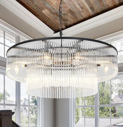 Asooflighting 32-Inch 2-Tier Glass Chandelier, Matte Black