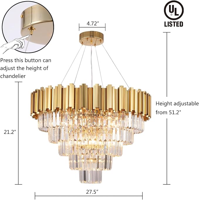 Asooflighting 27.5-Inch 5-Tier Crystal Chandelier, Gold
