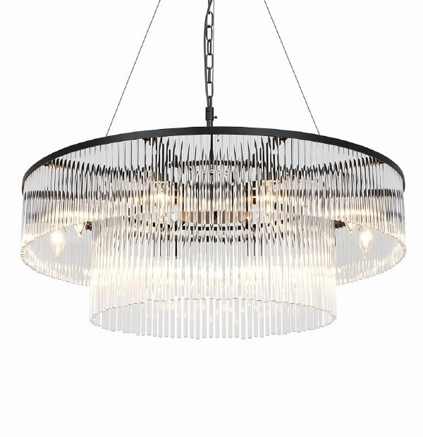 Asooflighting 32-Inch 2-Tier Glass Chandelier, Matte Black