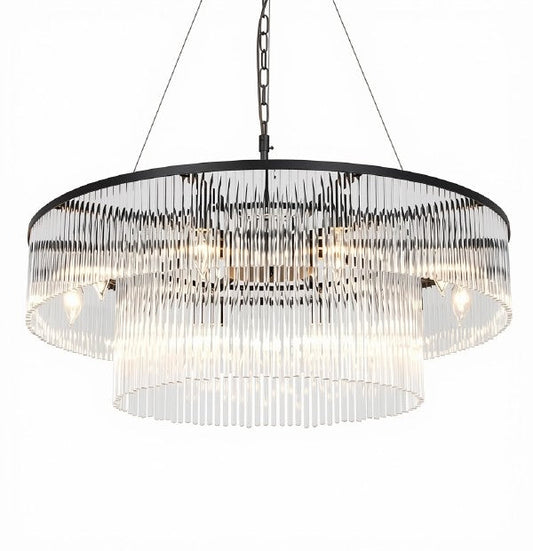 Asooflighting 32-Inch 2-Tier Glass Chandelier, Matte Black