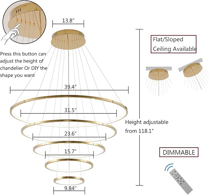 Asooflighting 39-Inch 5-Ring LED Chandelier, Gold