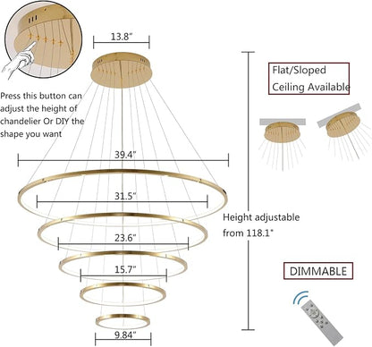 Asooflighting 39-Inch 5-Ring LED Chandelier, Gold