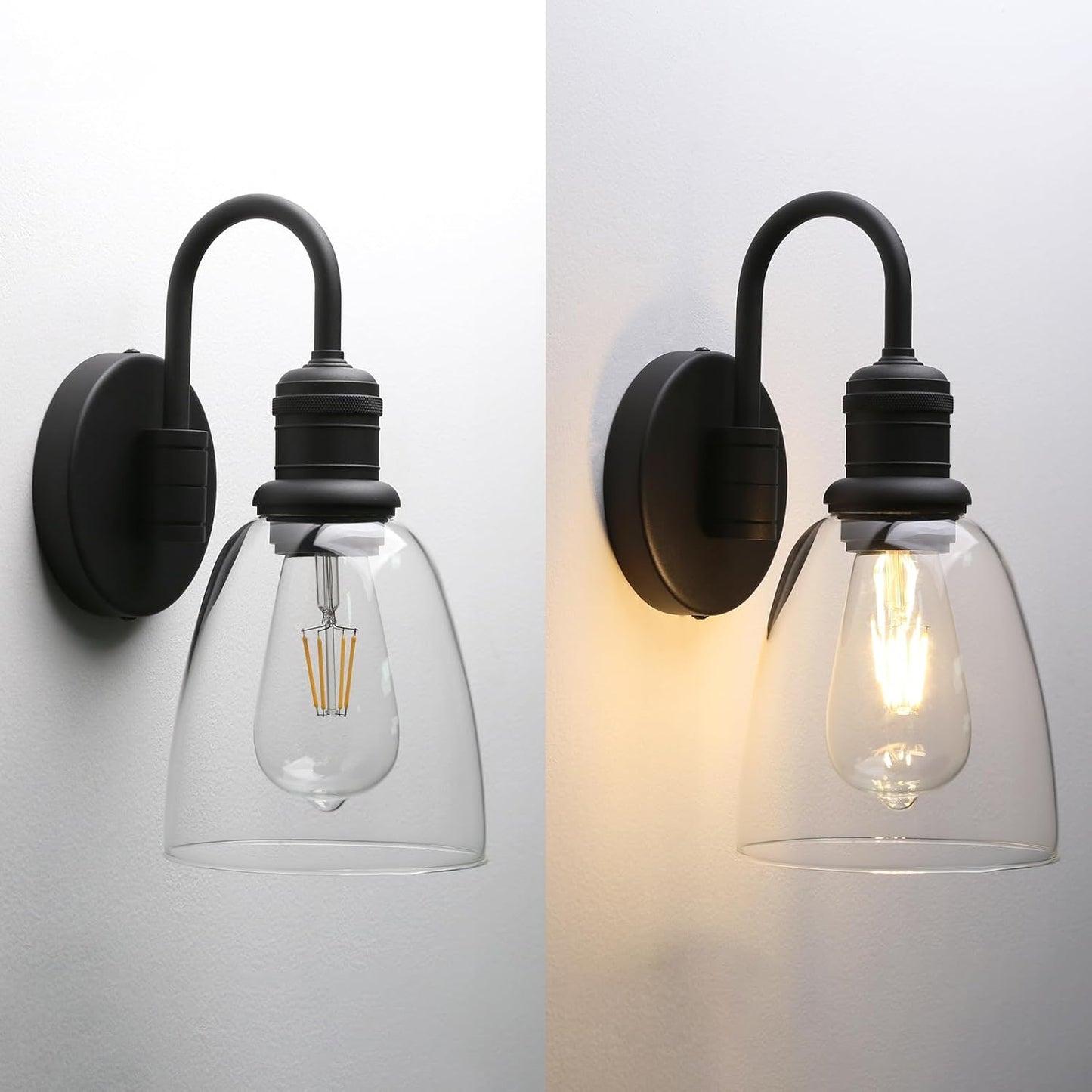 Two wall-mounted lights with clear glass shades on a white background