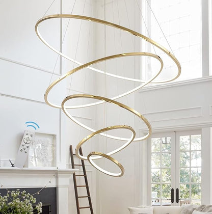 Asooflighting 39-Inch 5-Ring LED Chandelier, Gold